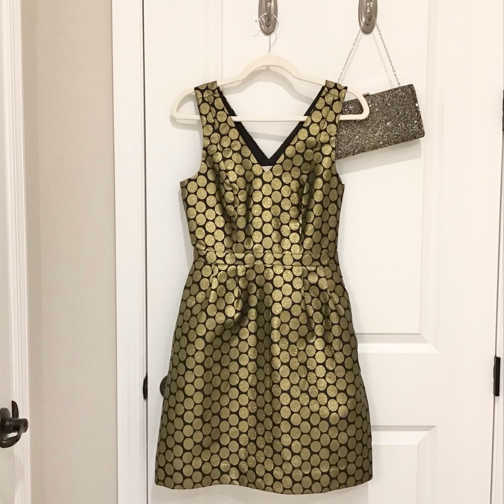 J.Crew Metallic Black/Gold Polka Dot Jacquard Dress Size 2, Like New